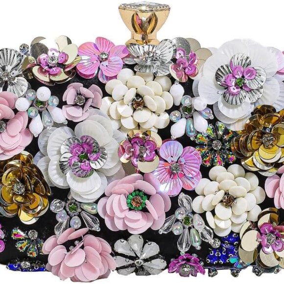 Chic Black Satin Flower Clutch Purse with Beaded Design – 7.87" Evening Bag - Picture 1 of 6